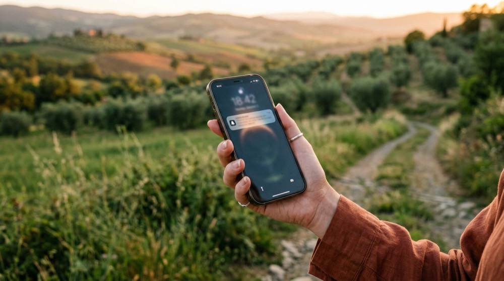 Arazide telefon bildirimine bakan el